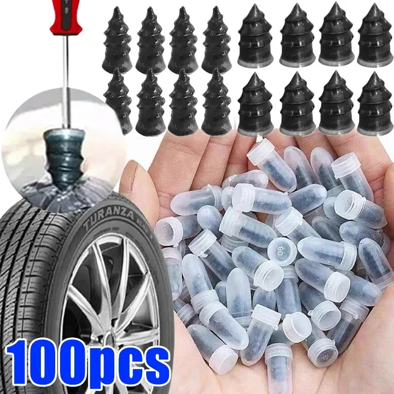 Une main tient une pile de clous pour réparer des pneus en plastique transparent et un outil rouge, avec un pneu visible en a