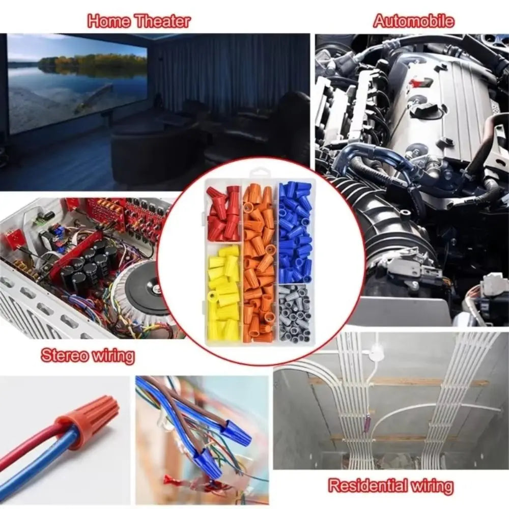 A collection of insulated wire connectors and nuts used for home theater, automobile, and residential wiring.