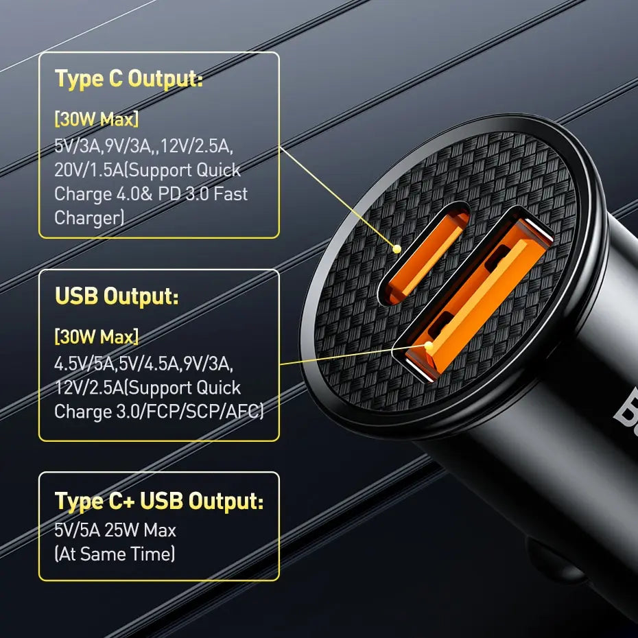 Close-up view of a black car charger showing various Type C and USB output specifications.