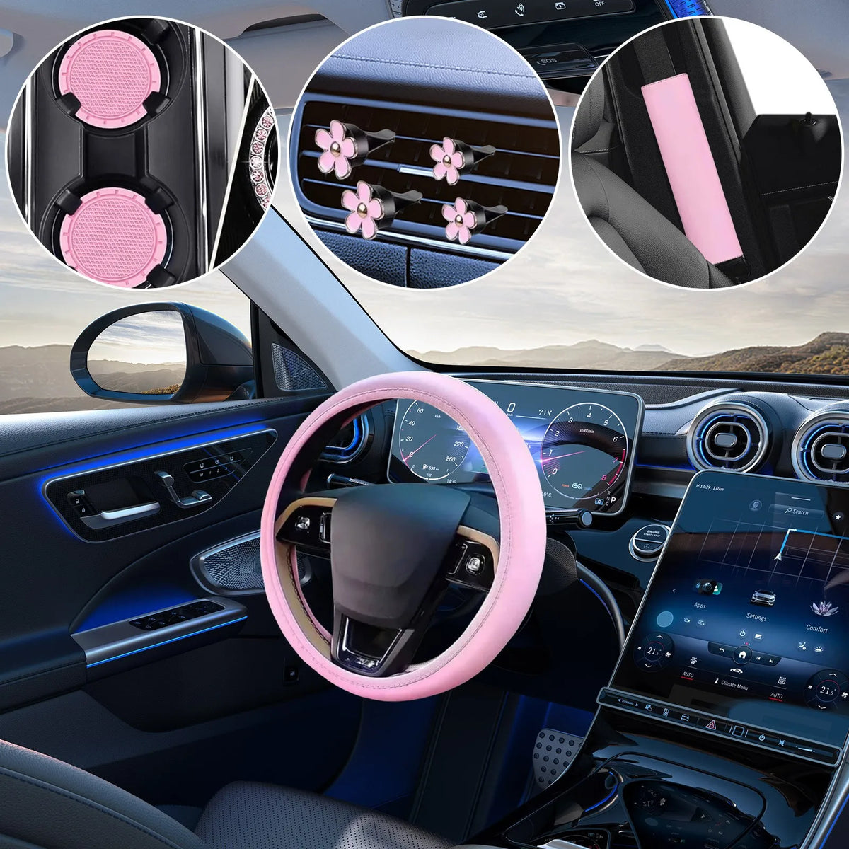 A car interior showing a pink steering wheel cover and various comfort pads installed on the dashboard.