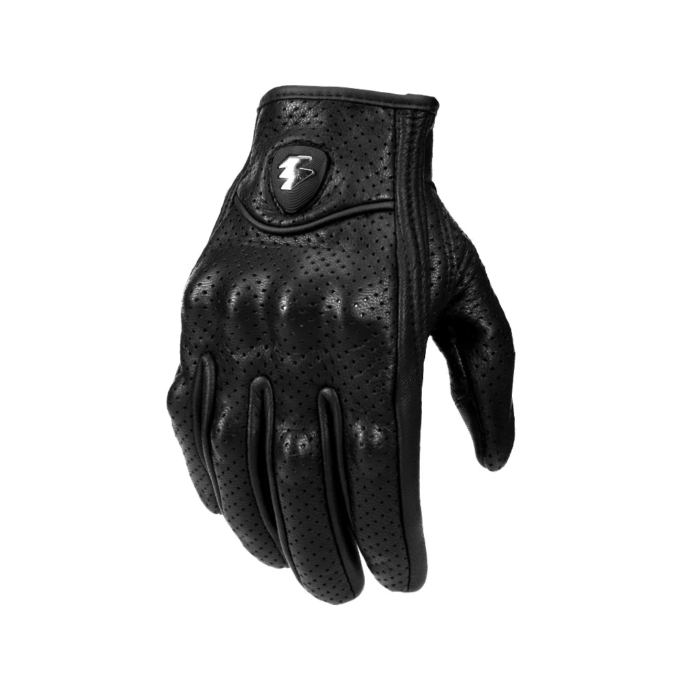 Black leather motorcycle and cycling gloves with a stitched logo on the back of the hand
