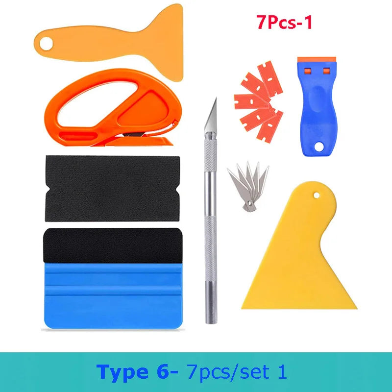 A set of seven professional car vinyl wrapping tools including a shaping tool, cutter, and various plastic components.