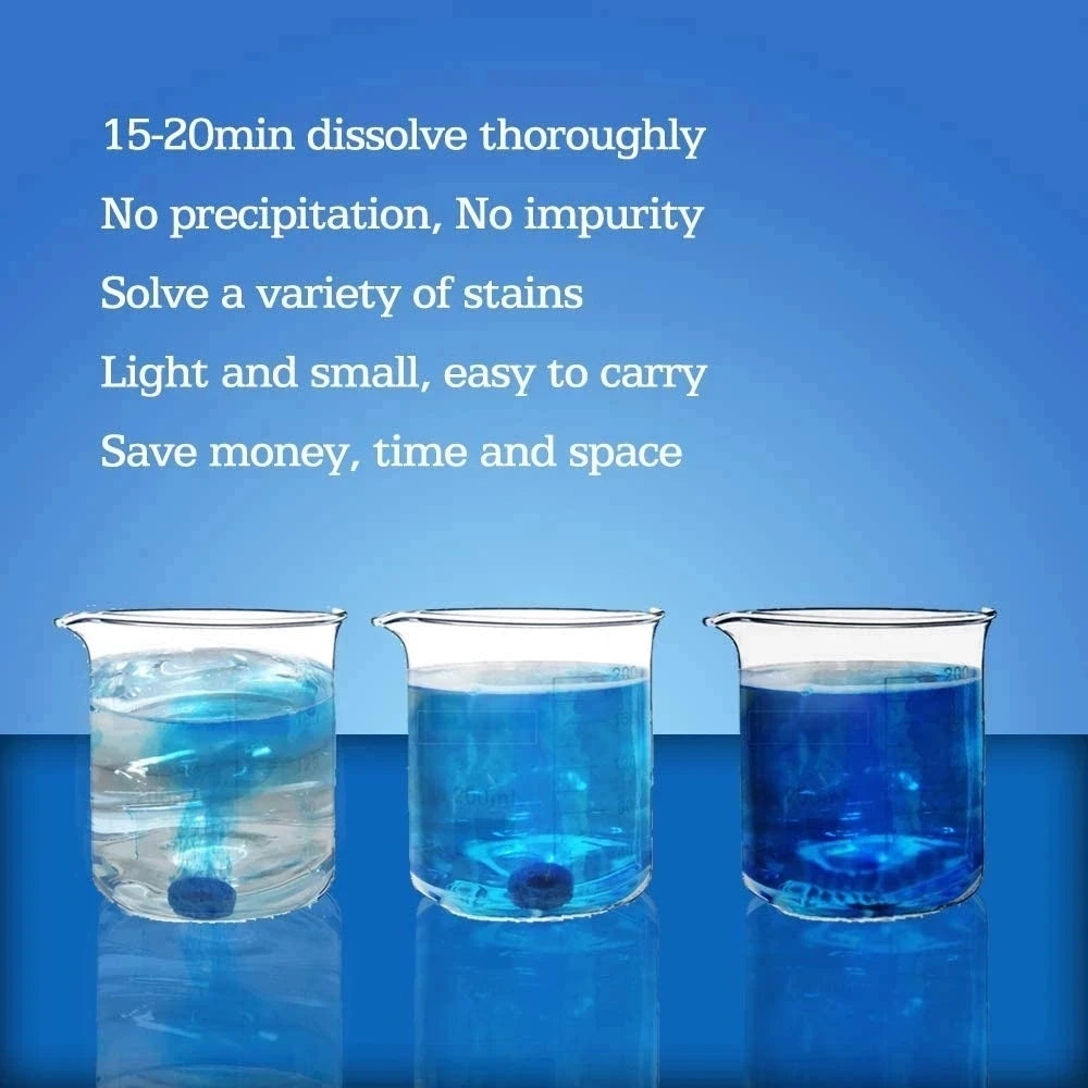 Three small glass beakers containing blue liquid solution for cleaning.