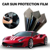 A red sports car is shown with a roll of car sun protection film and a close-up of the film texture.