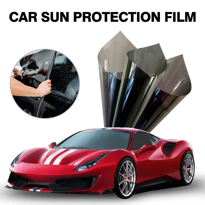 A red sports car is shown with a roll of car sun protection film and a close-up of the film texture.