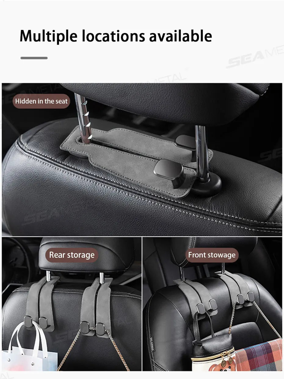 A black leather car seat with multiple storage hooks visible on the back and front.