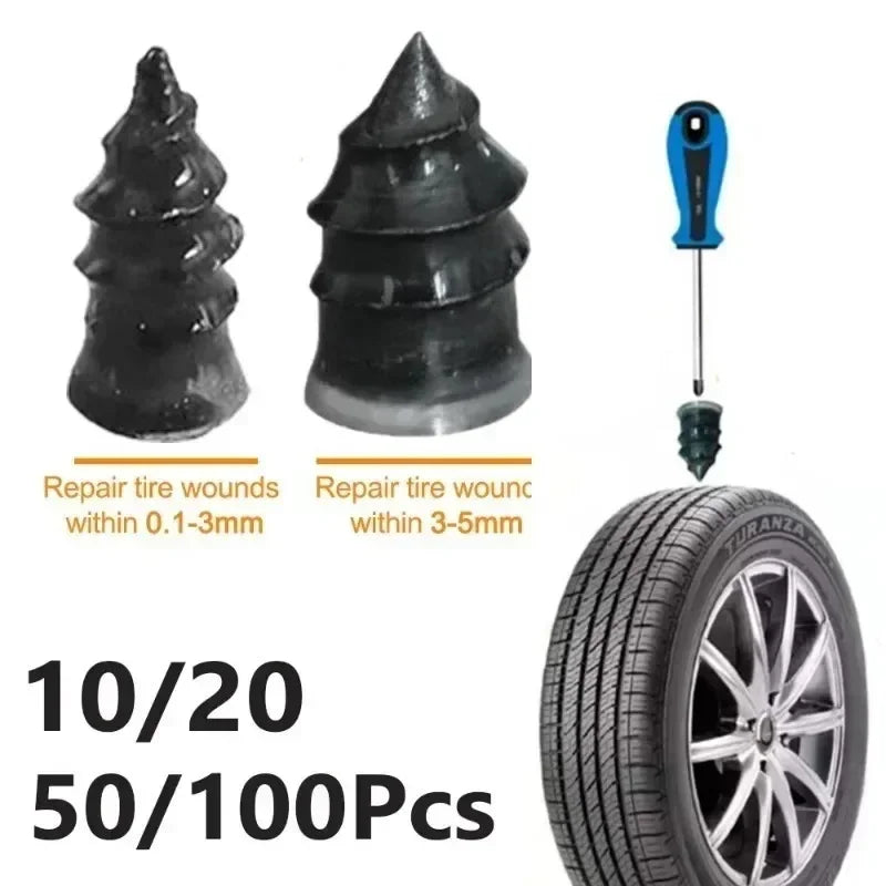 A set of 20 rubber tire repair plugs for various vehicles, including a tire and a tool.