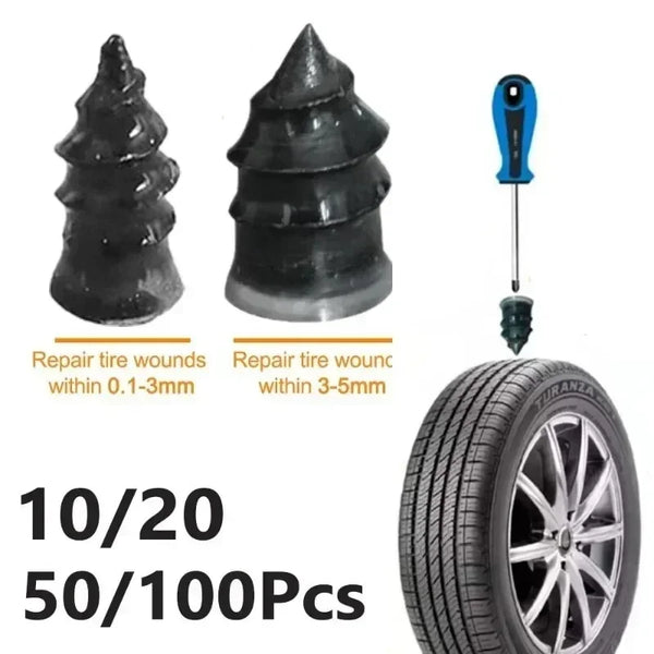 A set of 20 rubber tire repair plugs for various vehicles, including a tire and a tool.