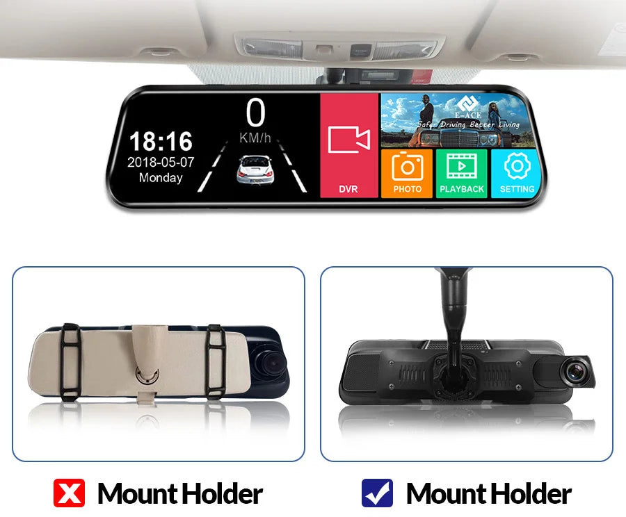 Enregistreur DVR voiture noir dual 1080P avec caméra vision nocturne HD et support de montage.