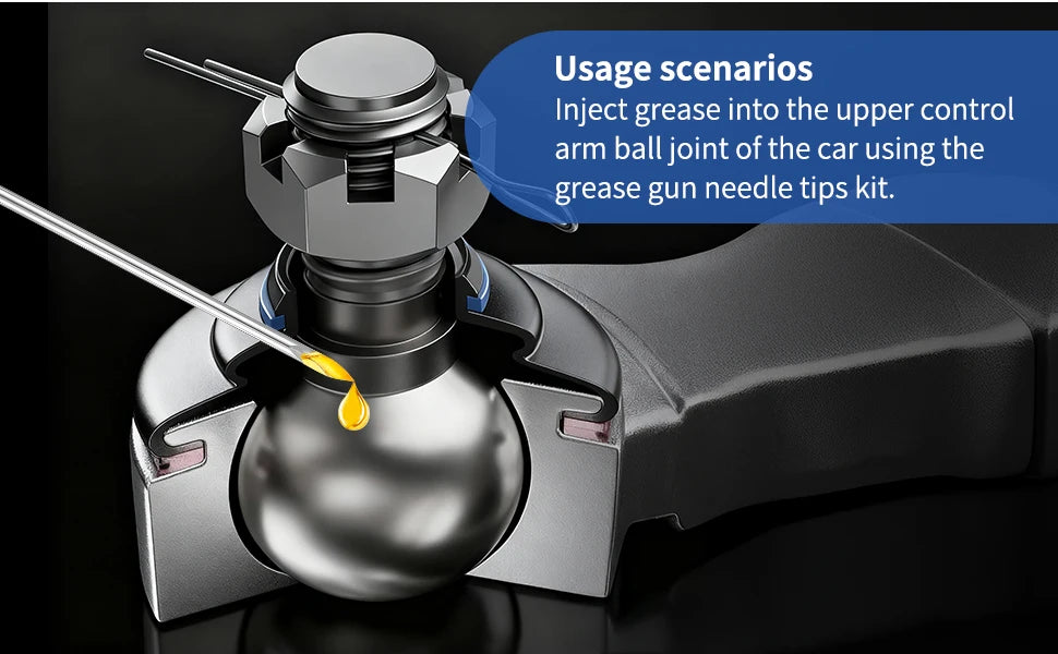 A grease gun is shown injecting grease into the ball joint of a car using a specialized needle tips kit.