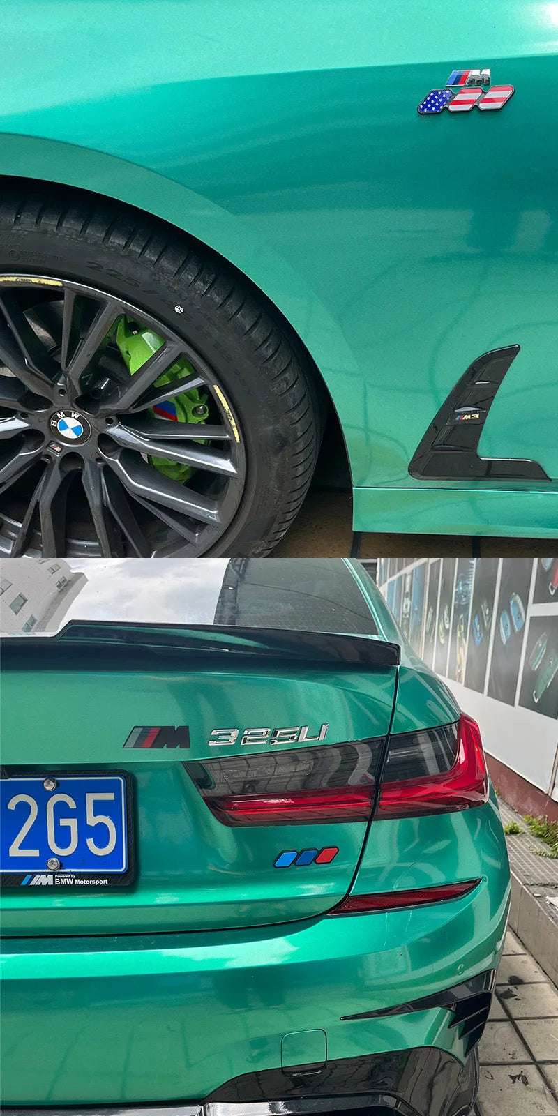 Close-up of a green BMW with black wheels and tri-color decals on the rear body panel.