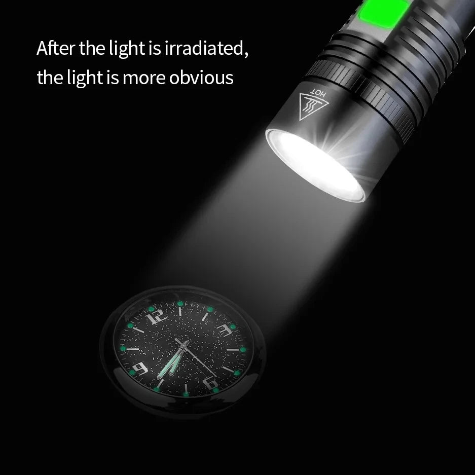 A bright light beam illuminates a stick-on car clock displaying time against a dark background.