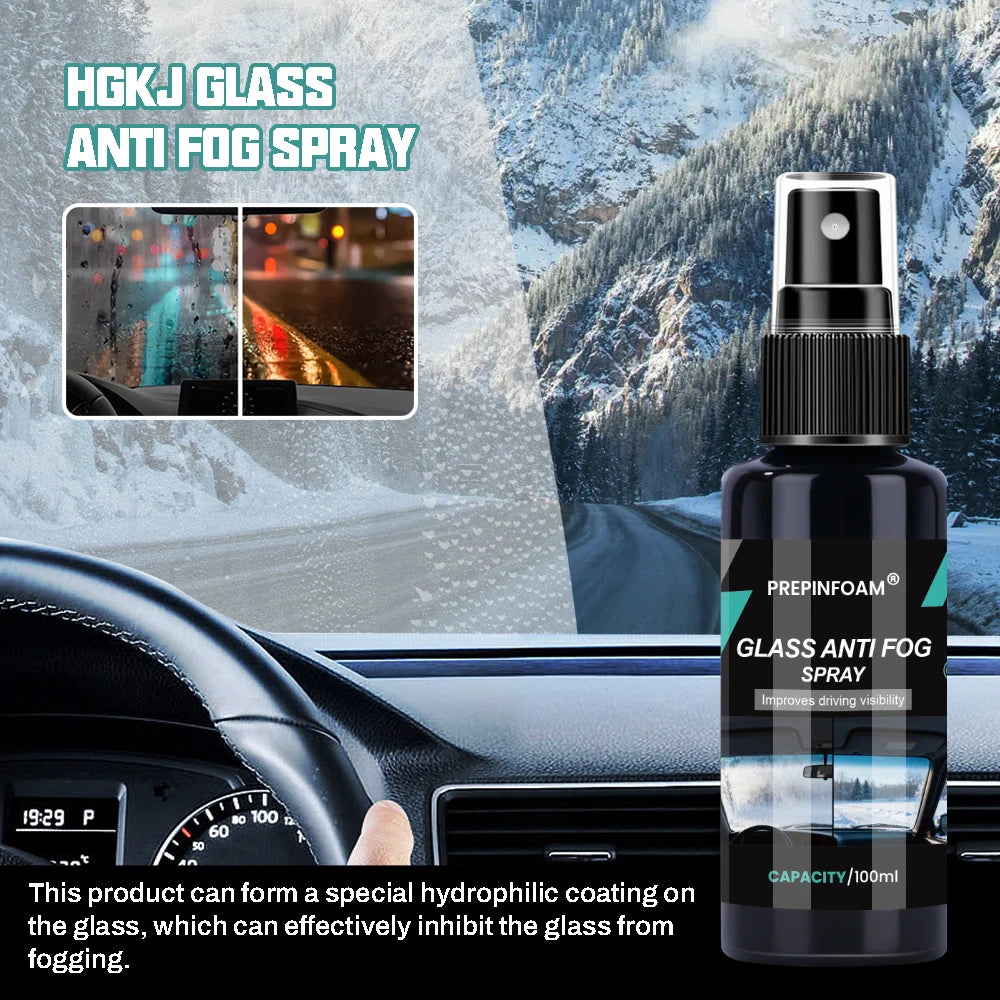 A bottle of HGKJ Glass Anti Fog Spray is shown next to a car interior, demonstrating its use for improving driving visibility