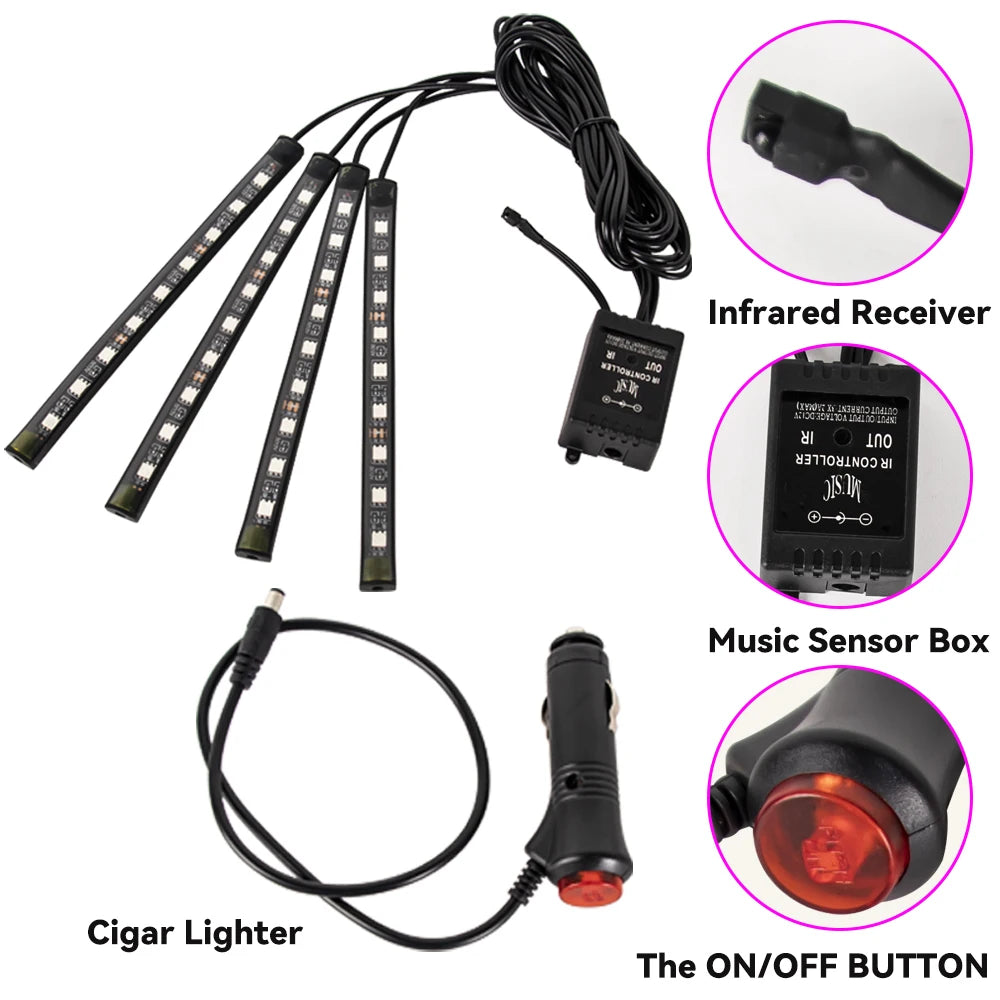 An RGB LED car ambient lighting kit featuring multiple light strips, an infrared receiver, a music sensor box, and an on/off 