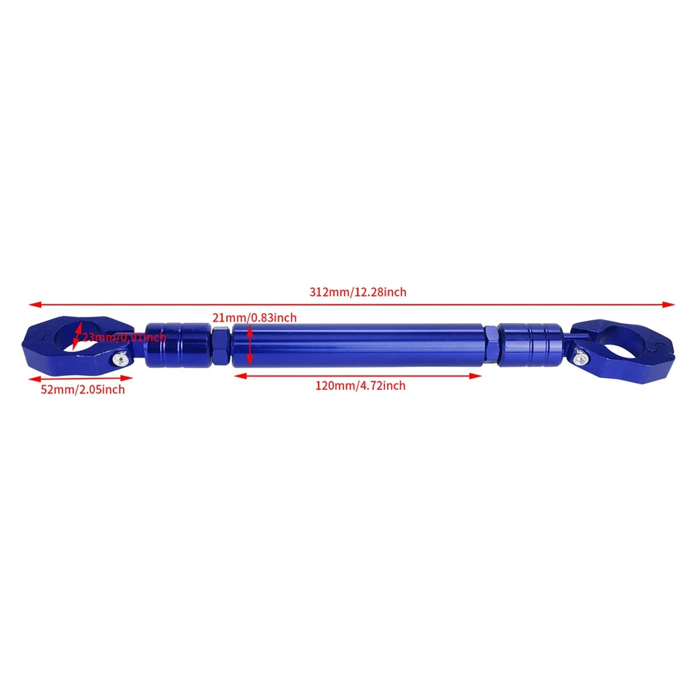 Blue adjustable motorcycle handlebar grip crossbar with various length markings