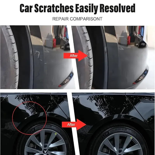 Comparison showing car scratches resolved using a repair consistant tool on a car body and wheel rim.