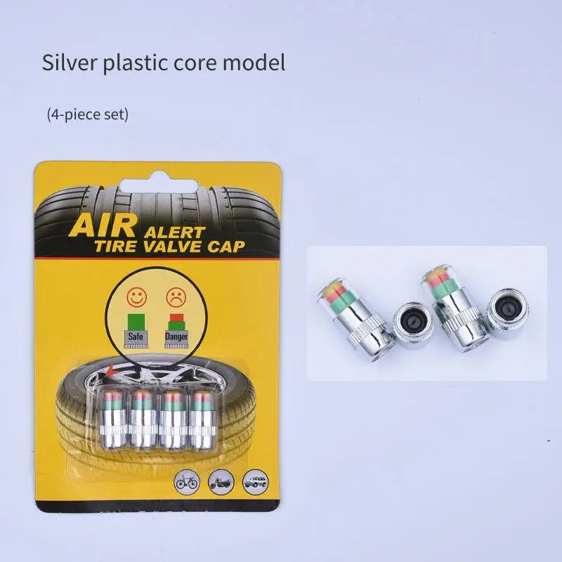 Un colis jaune montrant un jeu de 4 bouchons de valve en plastique argenté pour une valve de pneu d'alerte
