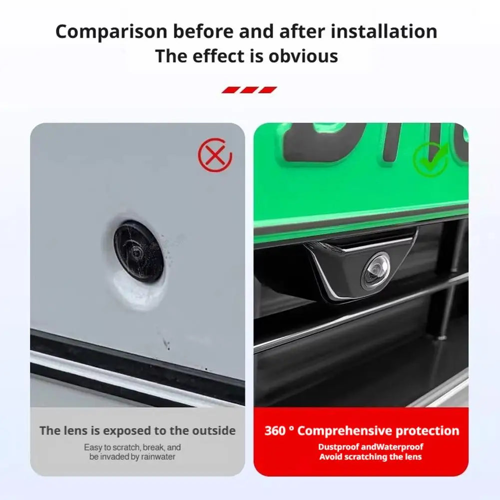 Comparison showing a car camera lens before and after installation, highlighting protection against damage.