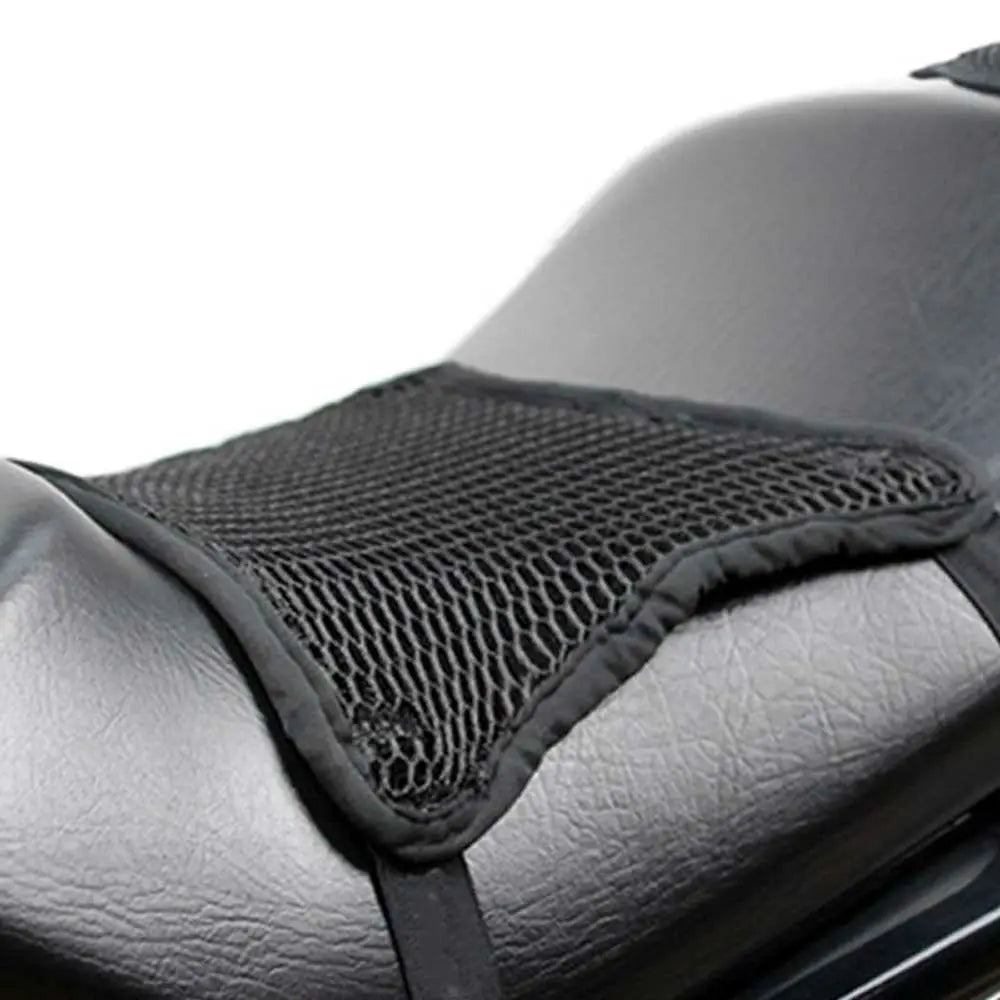 Black motorcycle seat cushion cover with a textured mesh insert