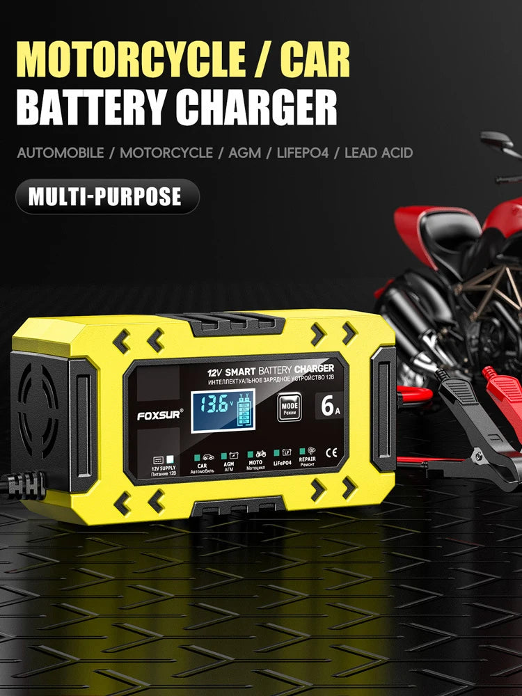 Yellow Foxsur 12V smart battery charger for automobile and motorcycle use