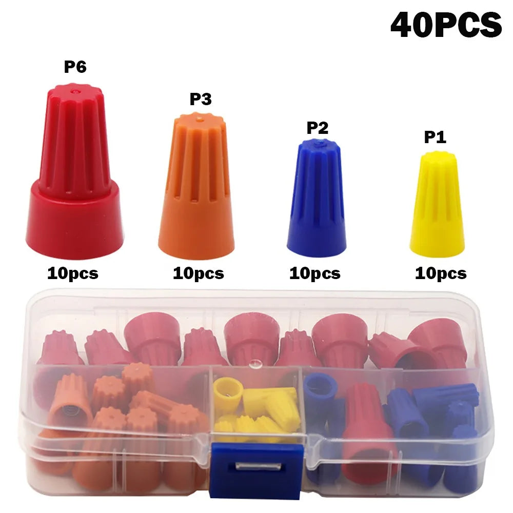 A set of 40 insulated wire connectors and nuts in various colors including red, orange, blue, yellow, and purple.