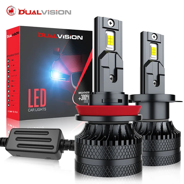 A set of DualVision LED car lights, including a housing and a separate bulb, displayed on a black background.
