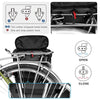 Diagram showing how to open and close a foldable waterproof bike pannier bag with metal and plastic hooks