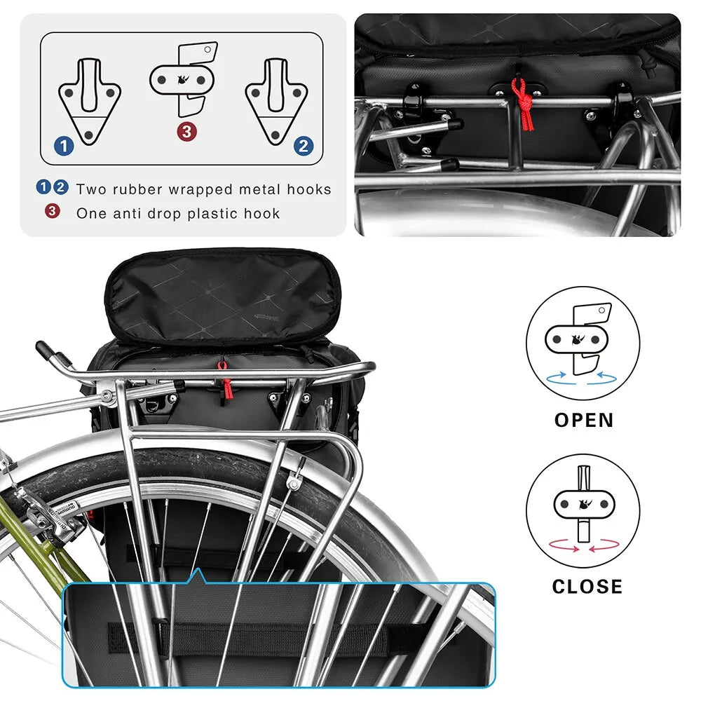 Diagram showing how to open and close a foldable waterproof bike pannier bag with metal and plastic hooks