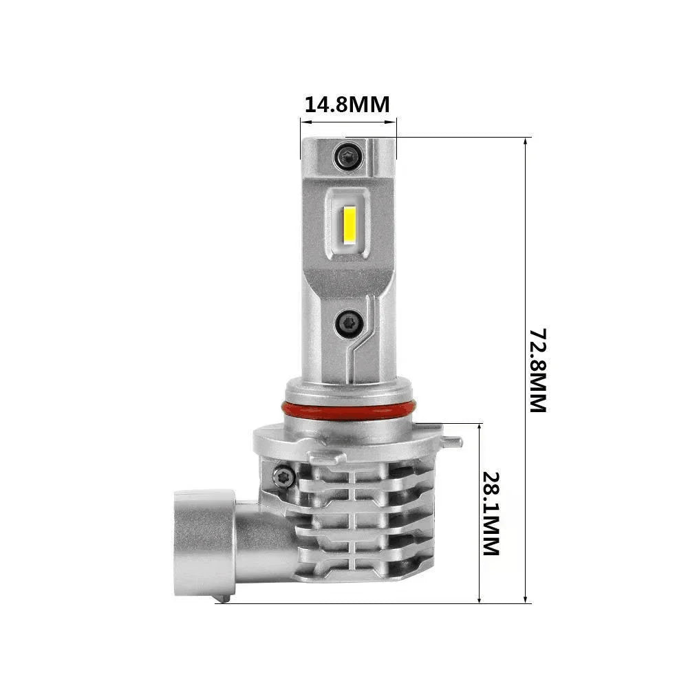 A silver LED headlight bulb assembly with a threaded base and a cylindrical housing.