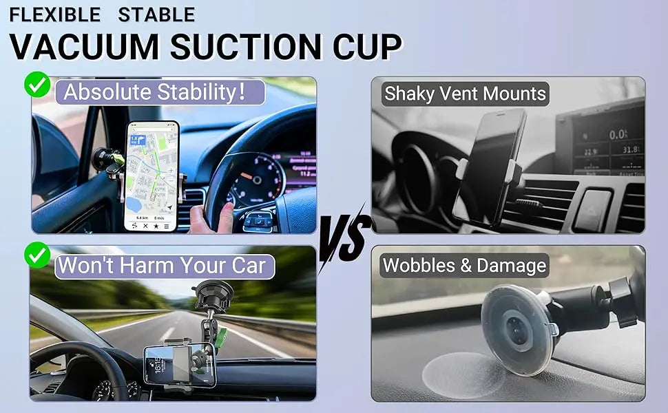 Flexible stable vacuum suction cup phone mount for car windshield shown with comparison to shaky vent mounts and wobbles