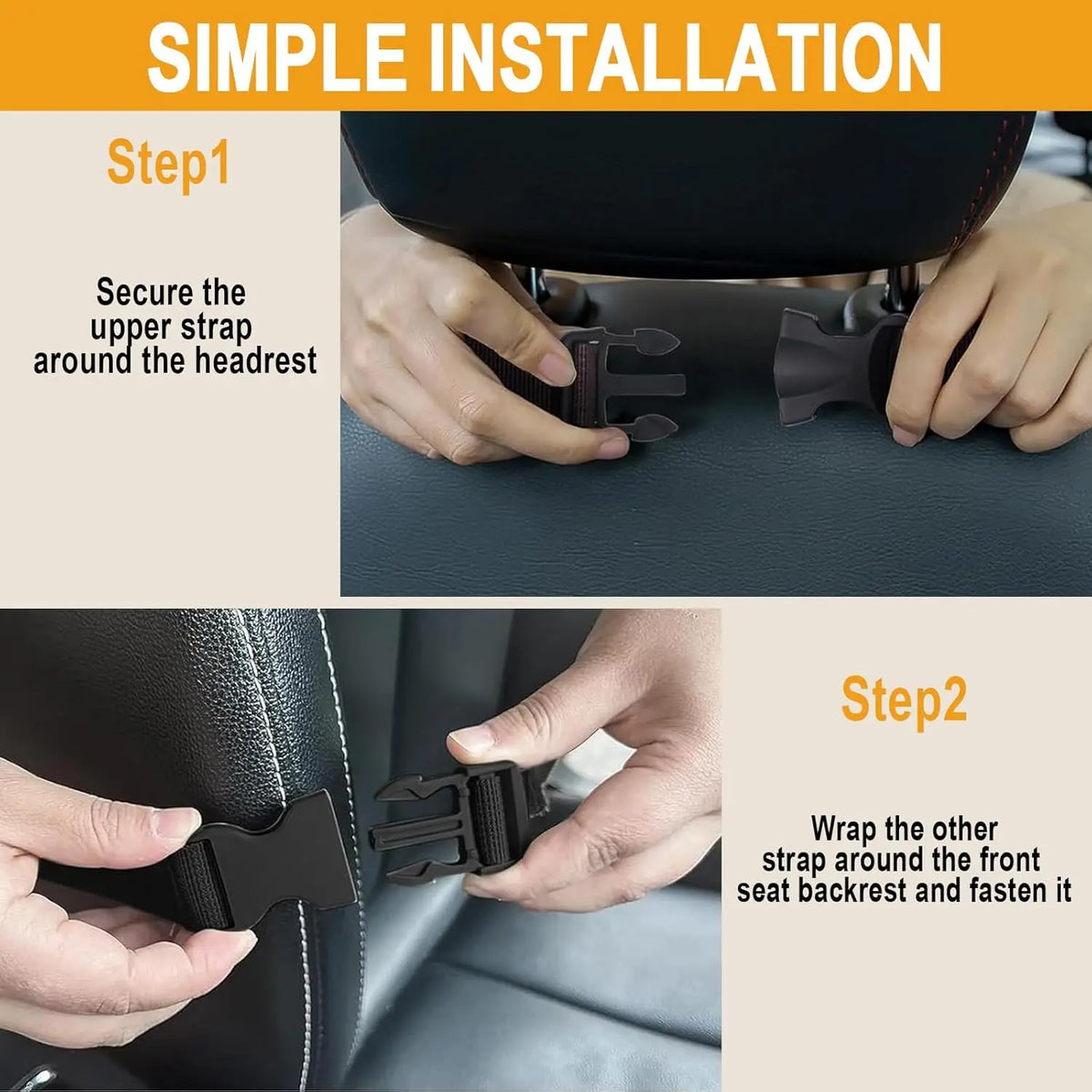 Step-by-step instructions showing how to install a tactical rifle sling organizer into a seat.