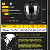 Casco de motocicleta negro con visor junto a una tabla de tallas y detalles del producto.