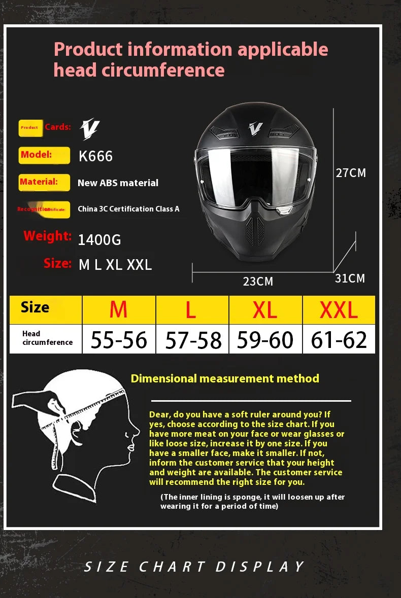Casco de motocicleta negro con visor junto a una tabla de tallas y detalles del producto.