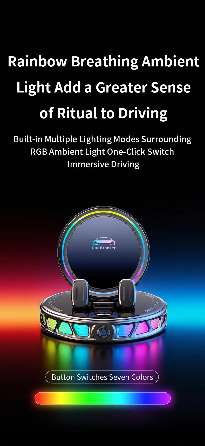 A circular car phone mount with an illuminated base featuring button switches and RGB lighting.