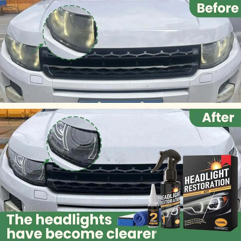 Before and after comparison showing headlight restoration on a white car's front light assembly