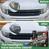 Before and after comparison showing headlight restoration on a white car's front light assembly