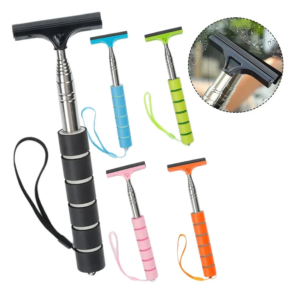 A collection of telescopic window squeegees in various colors including black, blue, green, pink, and orange, shown with a cl
