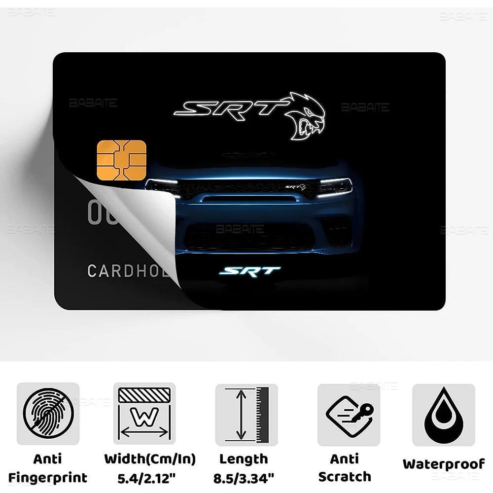 A black card sticker film featuring the SRT logo and a blue Dodge vehicle silhouette.