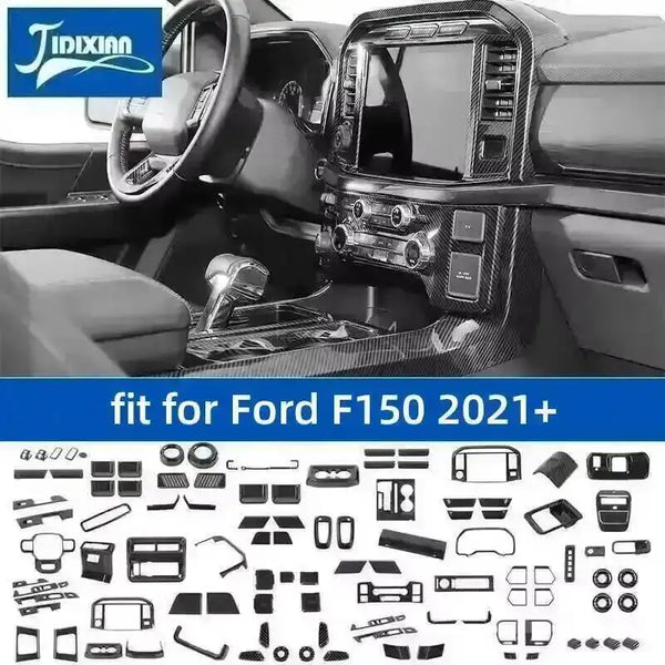 Carbon fiber grain interior trim kit for Ford F-150 2021-2024 showing various trim pieces and components