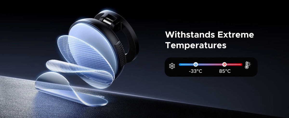 A close-up of a black magnetic car phone mount with a clear suction base, demonstrating its ability to withstand extreme temp
