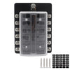A multi-way blade fuse box with multiple fuse holders and mounting points for automotive and marine systems.