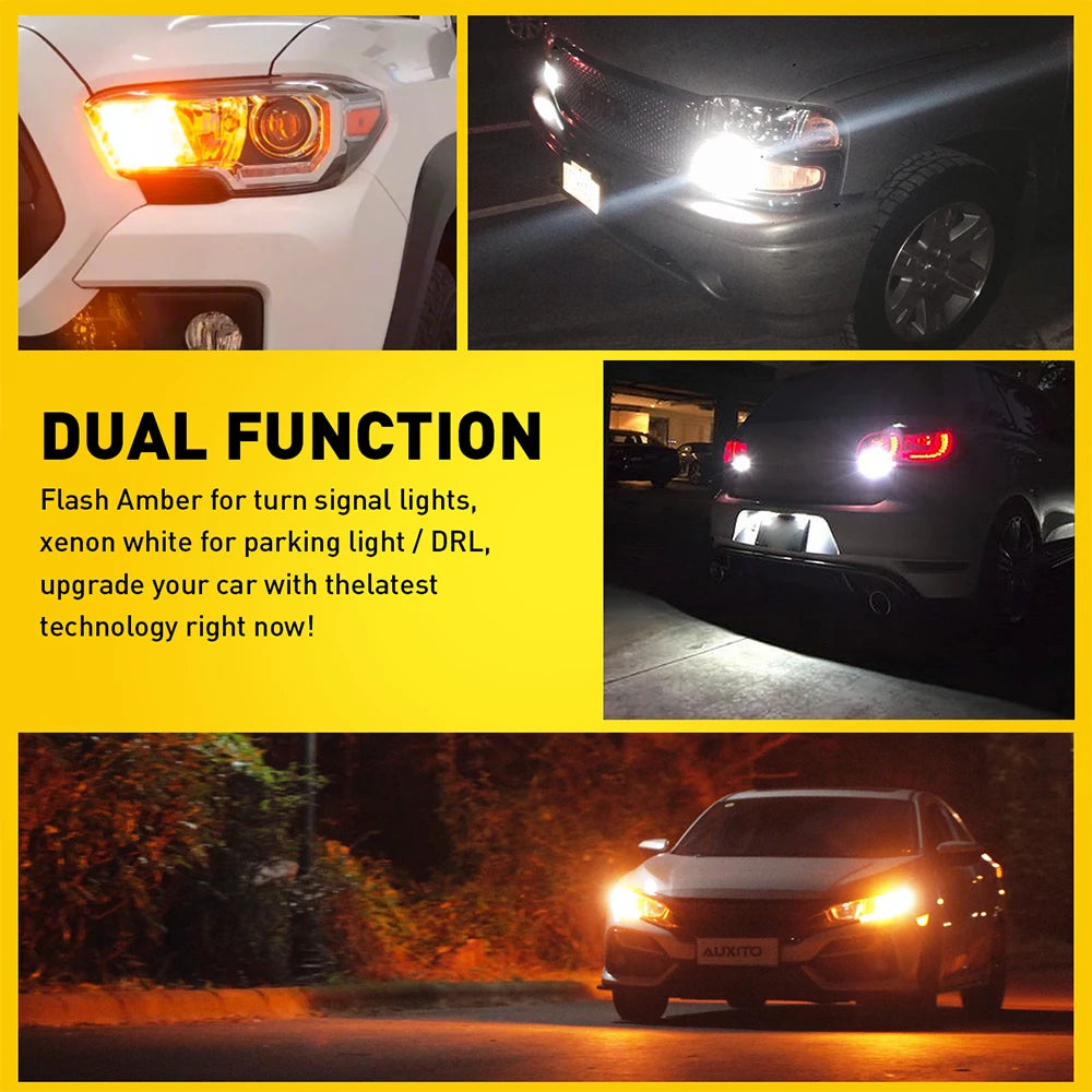 Close-up of a car headlight showing dual amber turn signal and white parking light/DRL function.