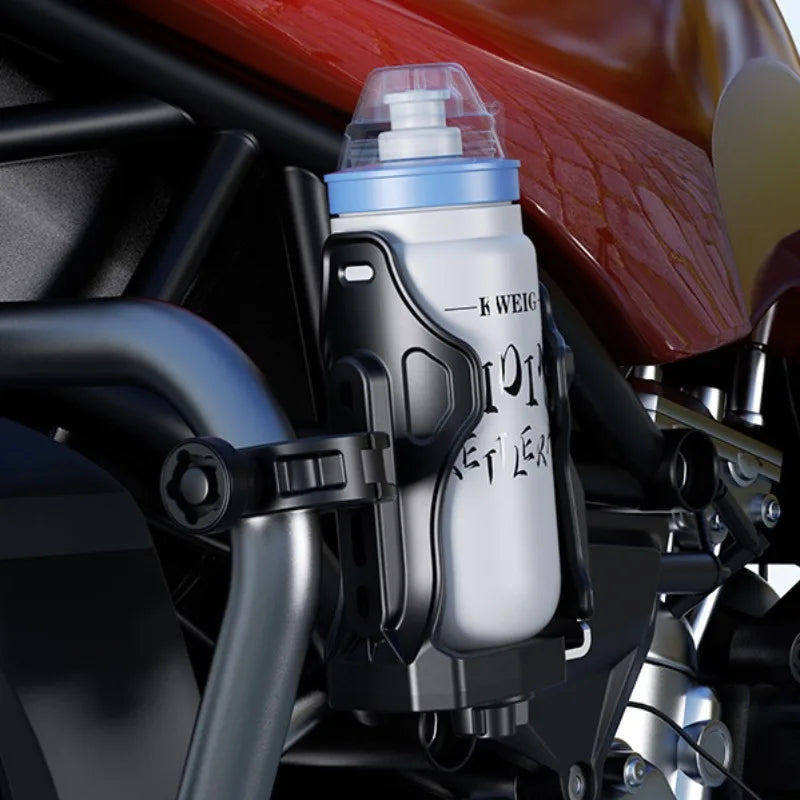 A silver and blue adjustable motorcycle drink holder is mounted on a black metal frame.