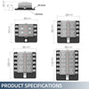 Diagrams showing various sizes of a multi-way blade fuse box with different mounting screws and dimensions.