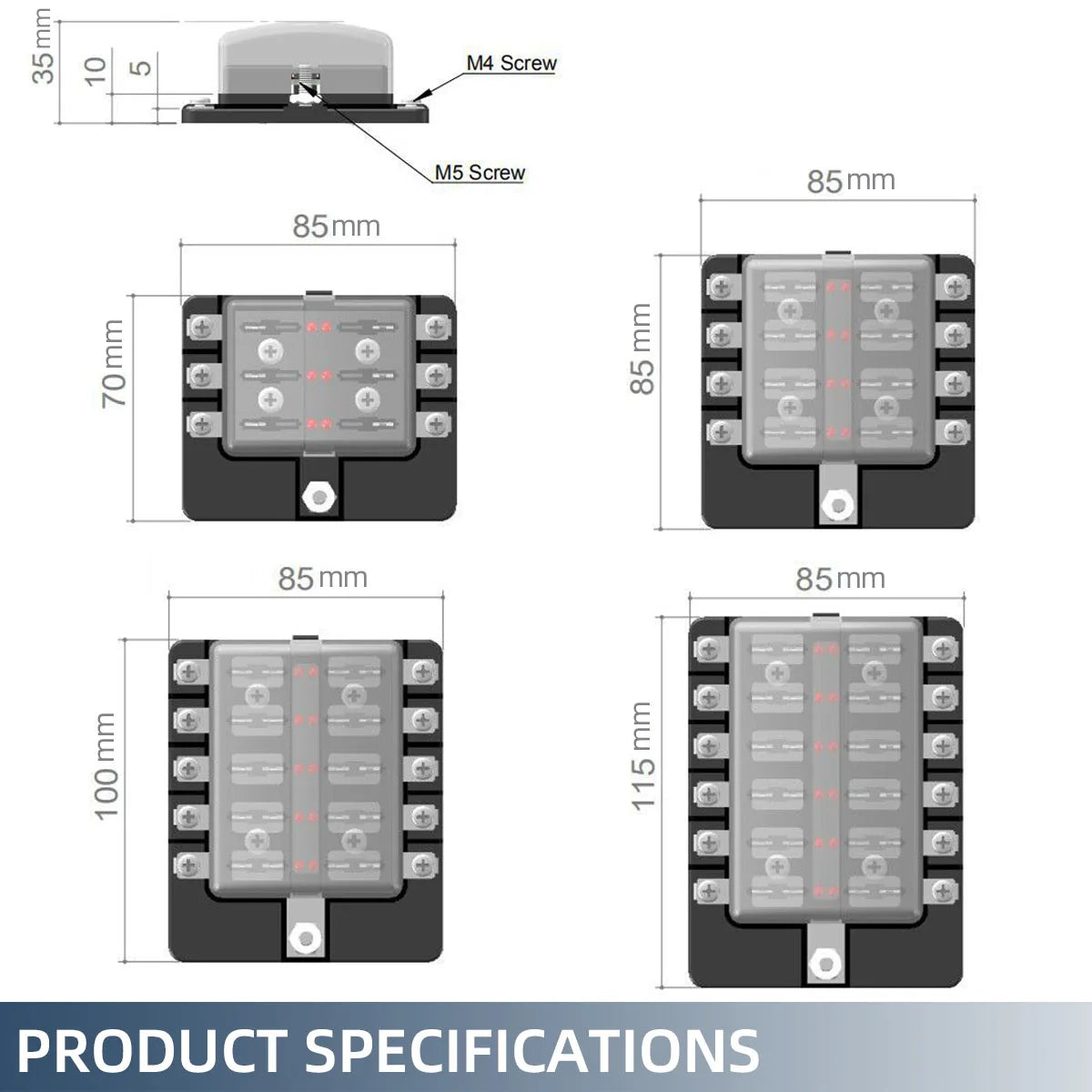 Diagrams showing various sizes of a multi-way blade fuse box with different mounting screws and dimensions.