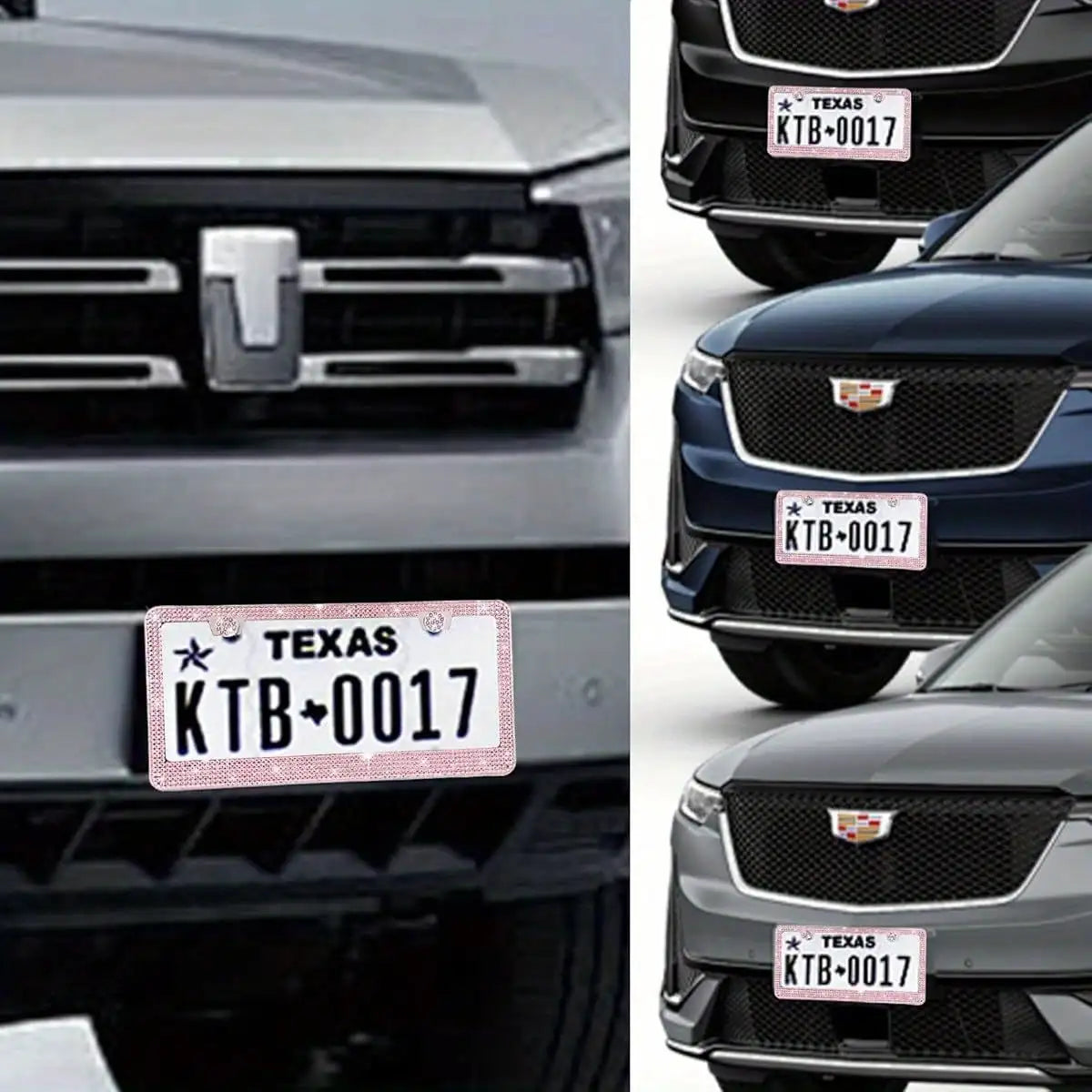 Close-up of a dark gray vehicle grille showing a Texas license plate frame with the registration KTB-0017