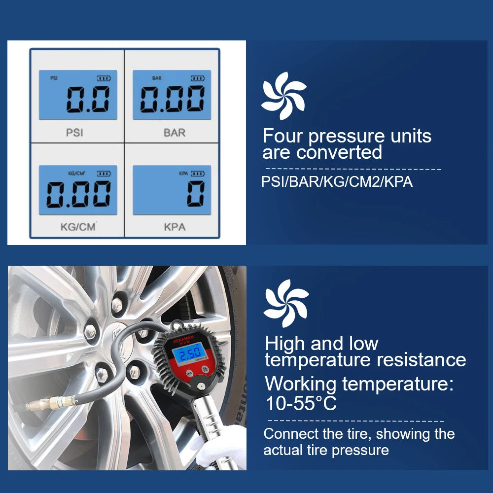 Digital tire pressure gauge showing PSI, BAR, KG/CM, and KPA conversions and temperature resistance.