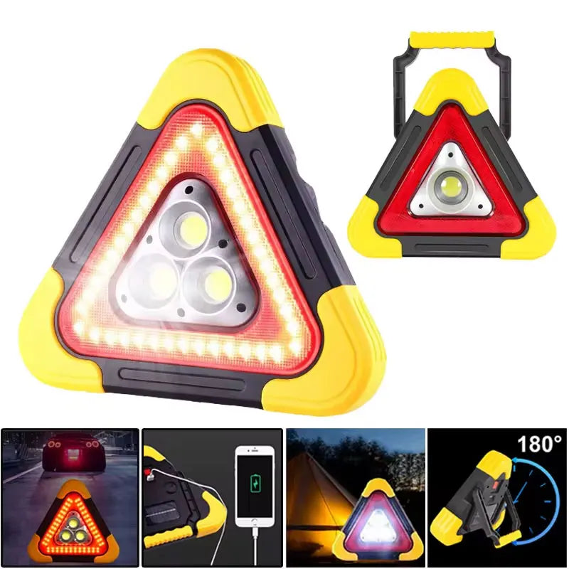 A yellow triangular solar emergency warning light with an LED, shown in various angles and contexts.