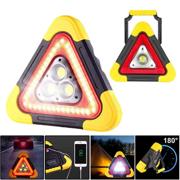 A yellow triangular solar emergency warning light with an LED, shown in various angles and contexts.