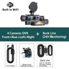 A black DVR camera unit with a built-in Wi-Fi module and separate accessories for 4 cameras, including a car charger and a pu